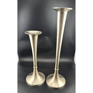 Set Of 2 Brushed Silver Metal Candle Holders Made In India, 9" and 12" Tall